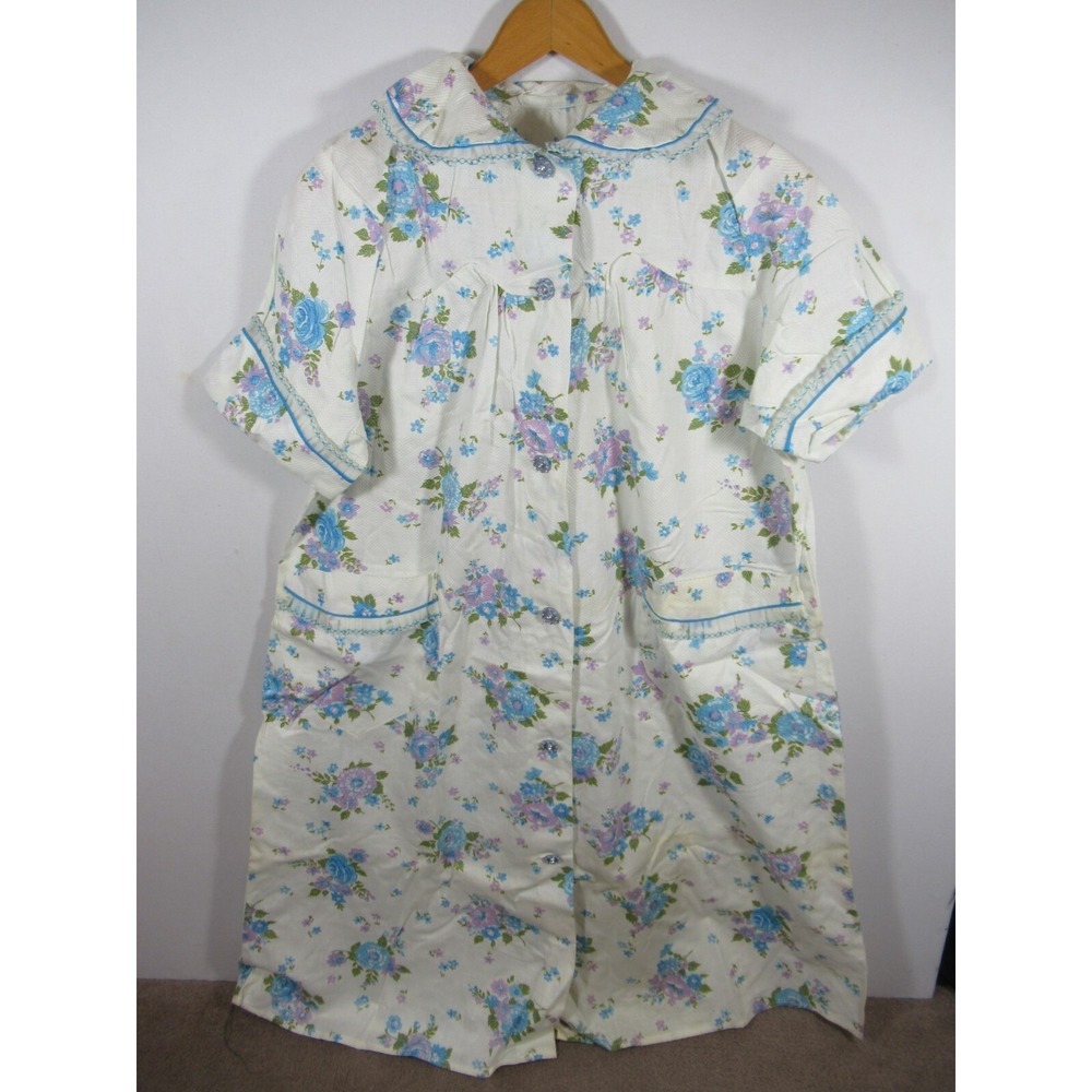 Vintage 60s Housecoat Robe Handmade Floral Short Sleeve Pockets Ruffled